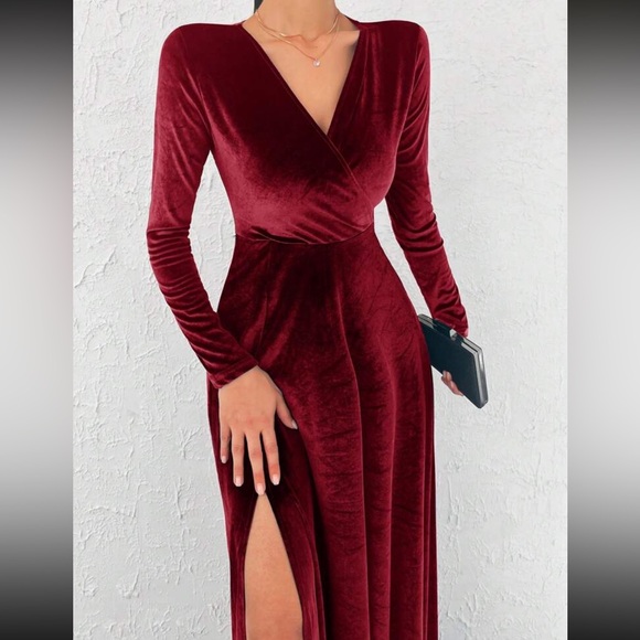 Luxe slit thigh long sleeve party formal evening prom wedding gown dress - Picture 2 of 16